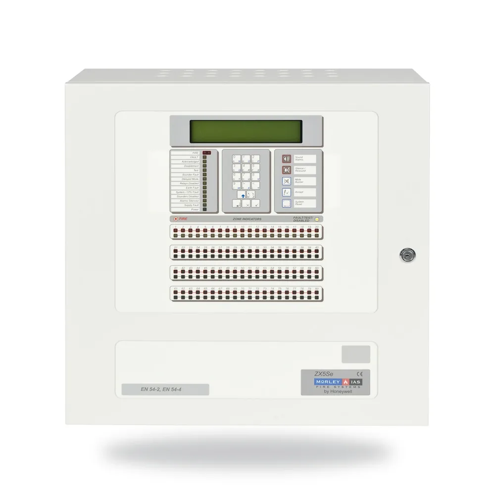 Morley-IAS ZX5Se 1-5 loop control panel complete with Stainless Steel door and bezel. 230Vac, 4 sounder circuits, 4 line disp