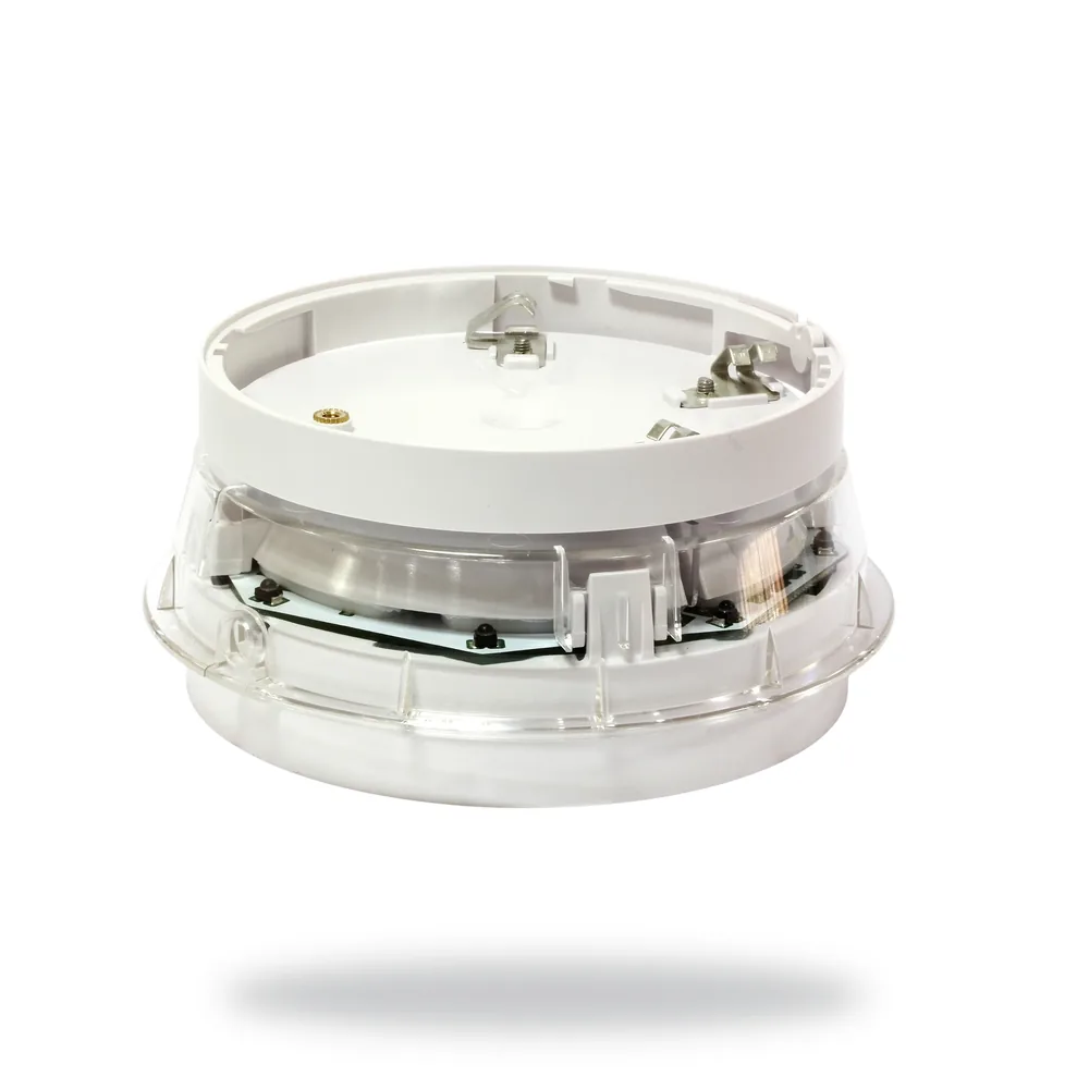 Morley-IAS Red Flash, Pure White Body, Clear Lens c/w Isolator. Loop-powered EN54-23 Open Category Detector Base Sounder Stro